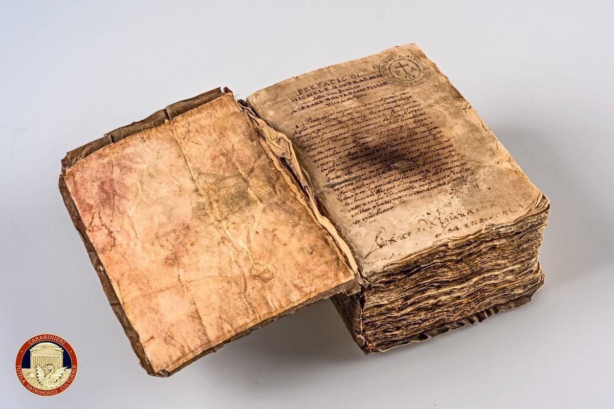 The stolen manuscript of &quot;The Prophecies,&quot; a collection of prophecies by French physician Michel de Nostredame. (Photo courtesy of Italian Ministry of Culture)