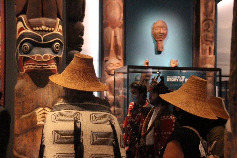 Indigenous representatives stand during the preview of the revamped Northwest Coast Hall at the American Museum of Natural History, New York, U.S., May 5, 2022. (dpa Photo)