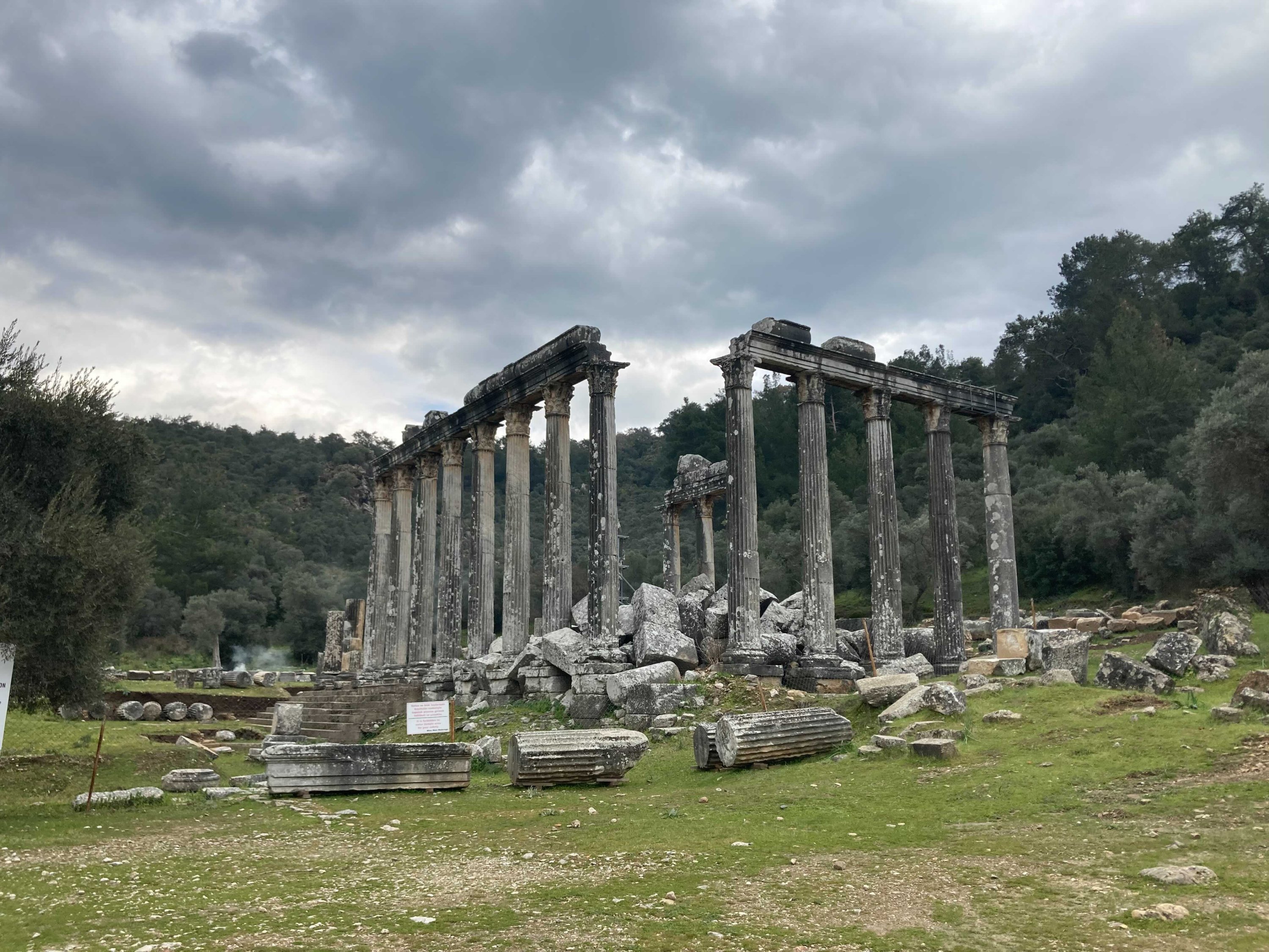 Pemandangan umum dari Kuil Zeus Lepsynos sebelum restorasi, Euromos, Muğla, Turki barat daya.  (Foto oleh Mehmet elik) 