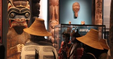 Indigenous representatives stand during the preview of the revamped Northwest Coast Hall at the American Museum of Natural History, New York, U.S., May 5, 2022. (dpa Photo)