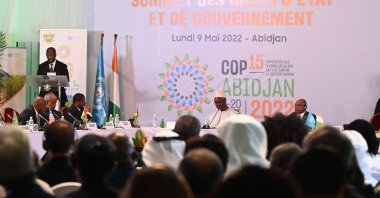 Ivorian President Alassane Ouattara (back L) speaks during the opening ceremony of the COP15 at the Sofitel Ivoire hotel in Abidjan, Ivory Coast, May 9, 2022. (AFP Photo)