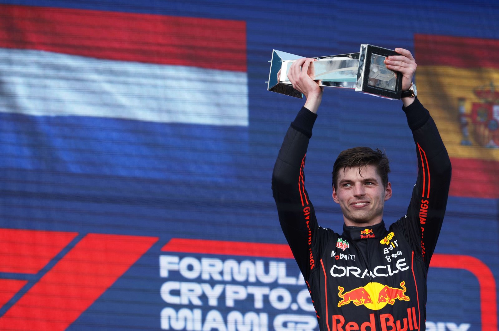 Max Verstappen celebrates on the podium after winning the F1 Miami Grand Prix, Miami, Florida, May 8, 2022. (AFP Photo)