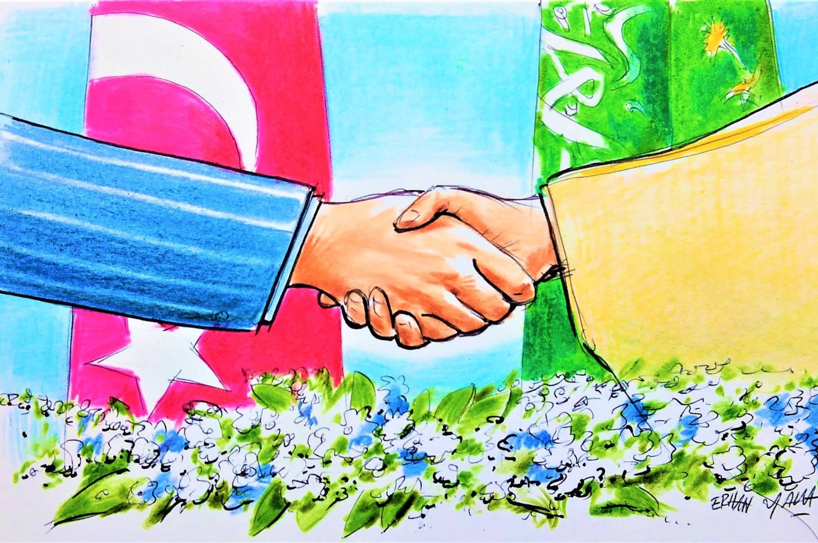Two people shake hands in front of the flags of Turkey (L) and Saudi Arabia in this illustration that symbolizes the recent momentum in bilateral relations by Erhan Yalvaç.