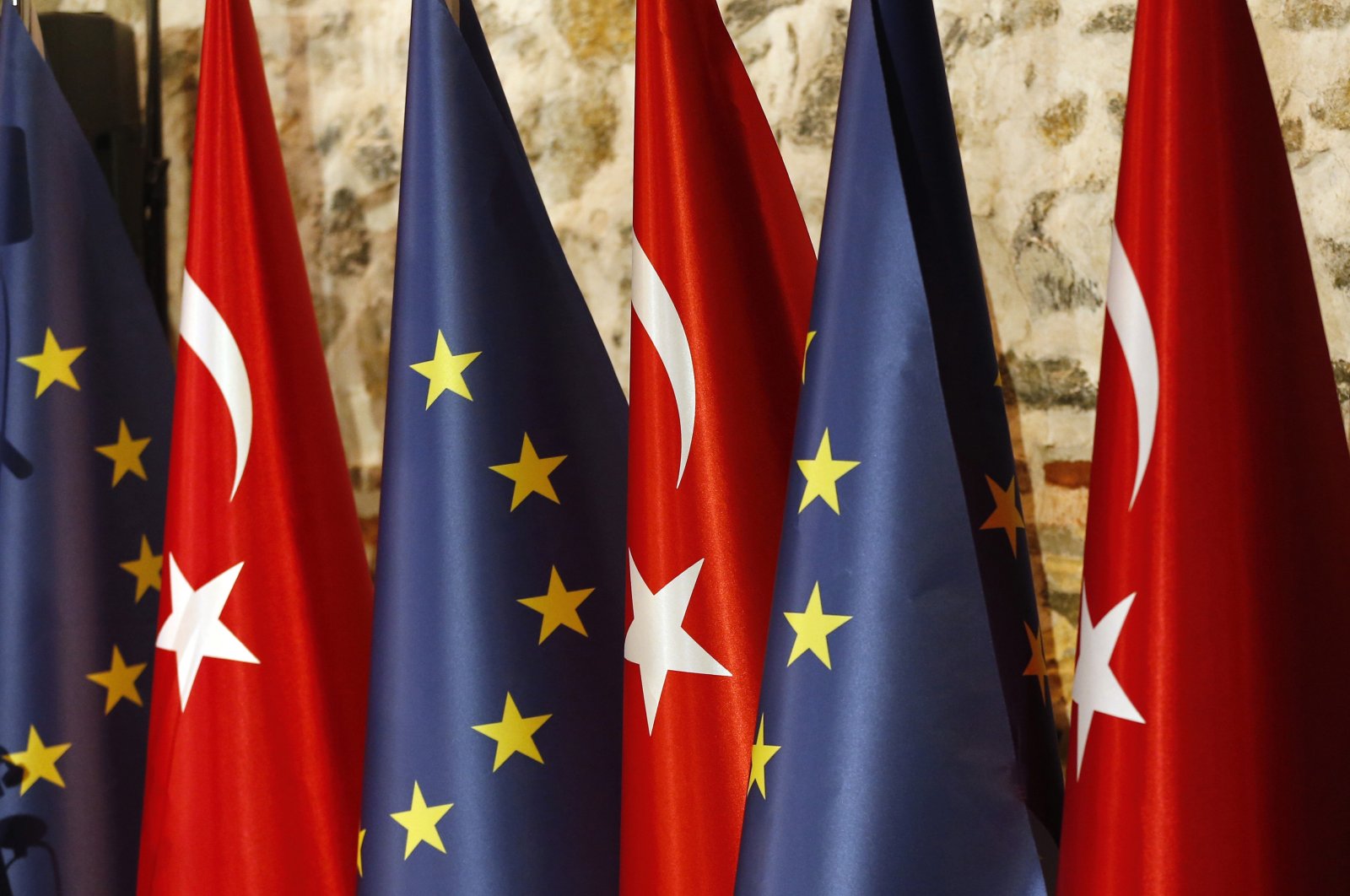 Turkish and European flags prior to the opening session of a high-level meeting between EU and Turkey, in Istanbul, Turkey, Feb. 28, 2019. (AP File Photo)