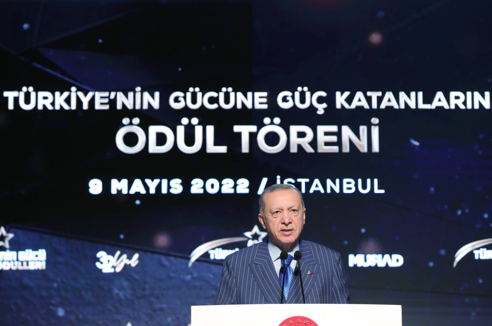 President Recep Tayyip Erdoğan speaks during the anniversary program of the Independent Industrialists and Businessmen&#039;s Association (MUSIAD) in Istanbul, Turkey, May 9, 2022. (AA)