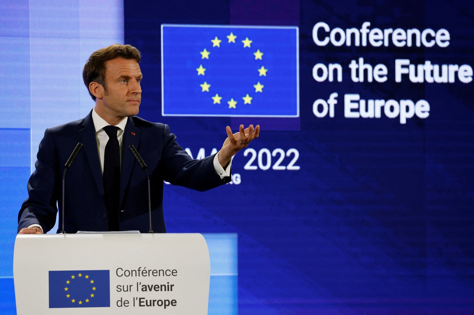 France&#039;s President Emmanuel Macron delivers a speech during the Conference on the Future of Europe and the release of its report with proposals for reform, in Strasbourg, France, May 9, 2022. (Reuters Photo)