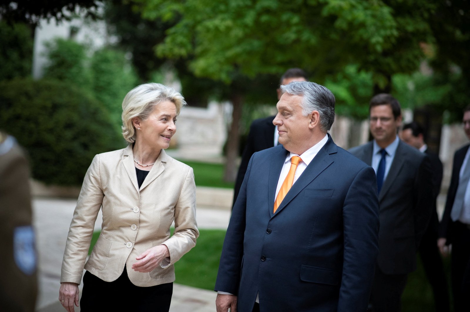 Hungary&#039;s Prime Minister Viktor Orban and European Commission President Ursula von der Leyen talk during their meeting in Budapest, Hungary, May 9, 2022. (Reuters Photo)