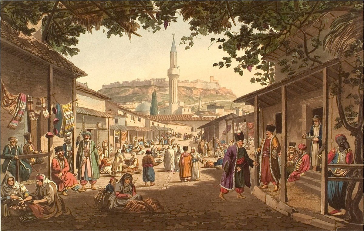 A painting of a bazaar depicting Muslims and Christians living together under the rule of the Ottoman Empire. (Archive Photo) 