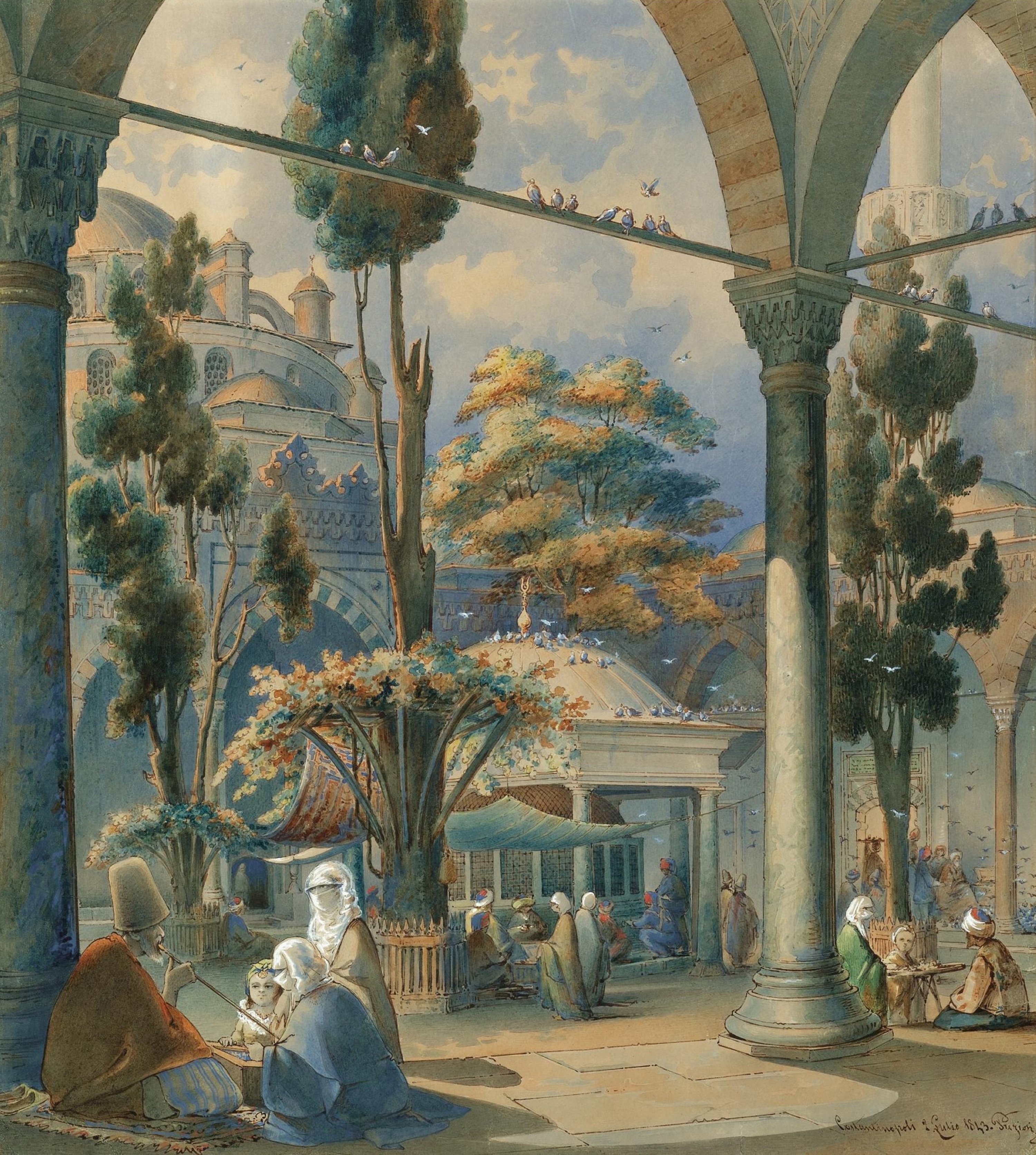 A painting by Amedeo Preziosi depicts the courtyard of the Bayezid Mosque in Istanbul. (Getty Images)