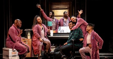 This image released by Polk &amp; Co. shows, (L-R) James Jackson, Jr., L. Morgan Lee, Antwayn Hopper, John-Andrew Morrison, Jaquel Spivey, Jason Veasey and John-Michael Lyles during a performance of "A Strange Loop." (AP)