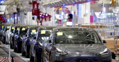 Tesla China-made Model 3 vehicles are seen during a delivery event at the carmaker's factory in Shanghai, China, Jan. 7, 2020. (Reuters Photo)