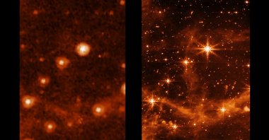 A combination of images shows part of the Large Magellanic Cloud, a small satellite galaxy of the Milky Way, seen by the retired Spitzer Space Telescope (L), and the new James Webb Space Telescope, May 9, 2022. (NASA via AP)