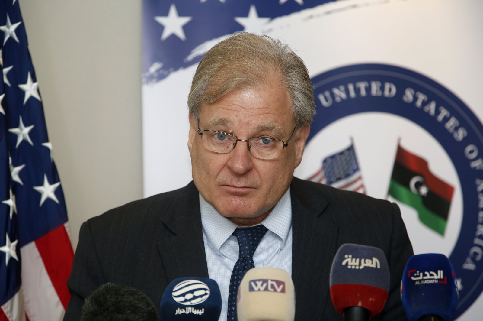 U.S. Ambassador to Libya Richard Norland gives a press conference, in Tripoli, Libya, Thursday, March 17, 2022. (AP File Photo)