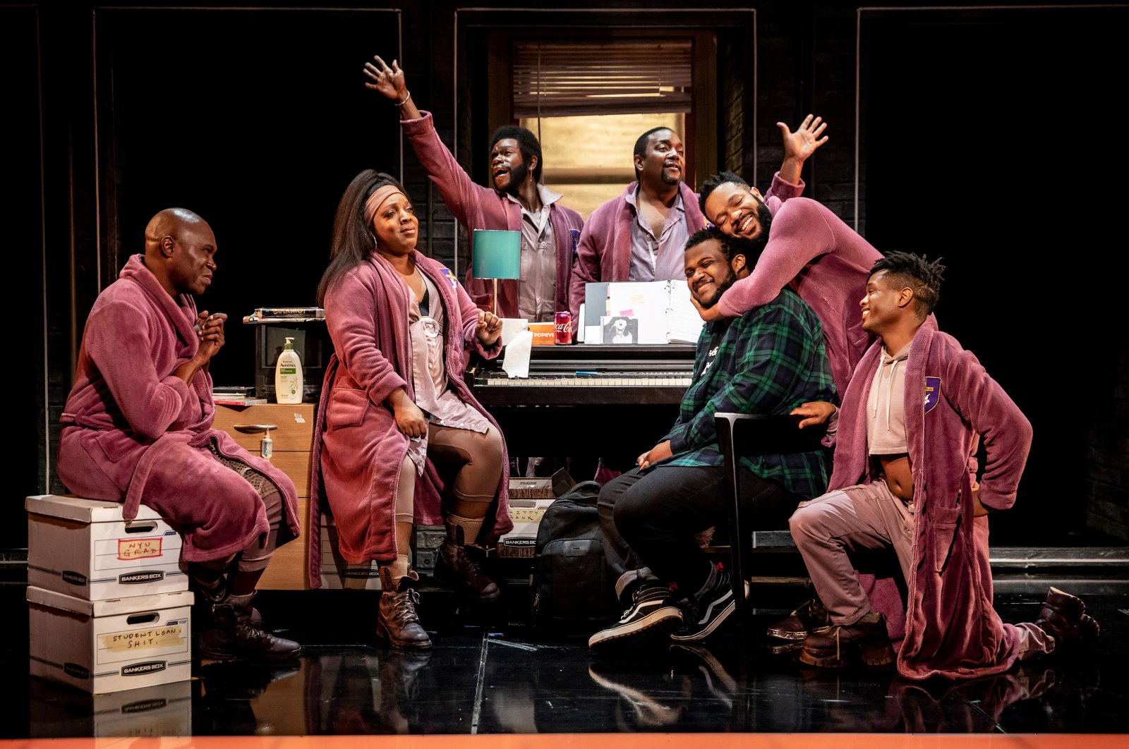 This image released by Polk &amp; Co. shows, (L-R) James Jackson, Jr., L. Morgan Lee, Antwayn Hopper, John-Andrew Morrison, Jaquel Spivey, Jason Veasey and John-Michael Lyles during a performance of &quot;A Strange Loop.&quot; (AP)