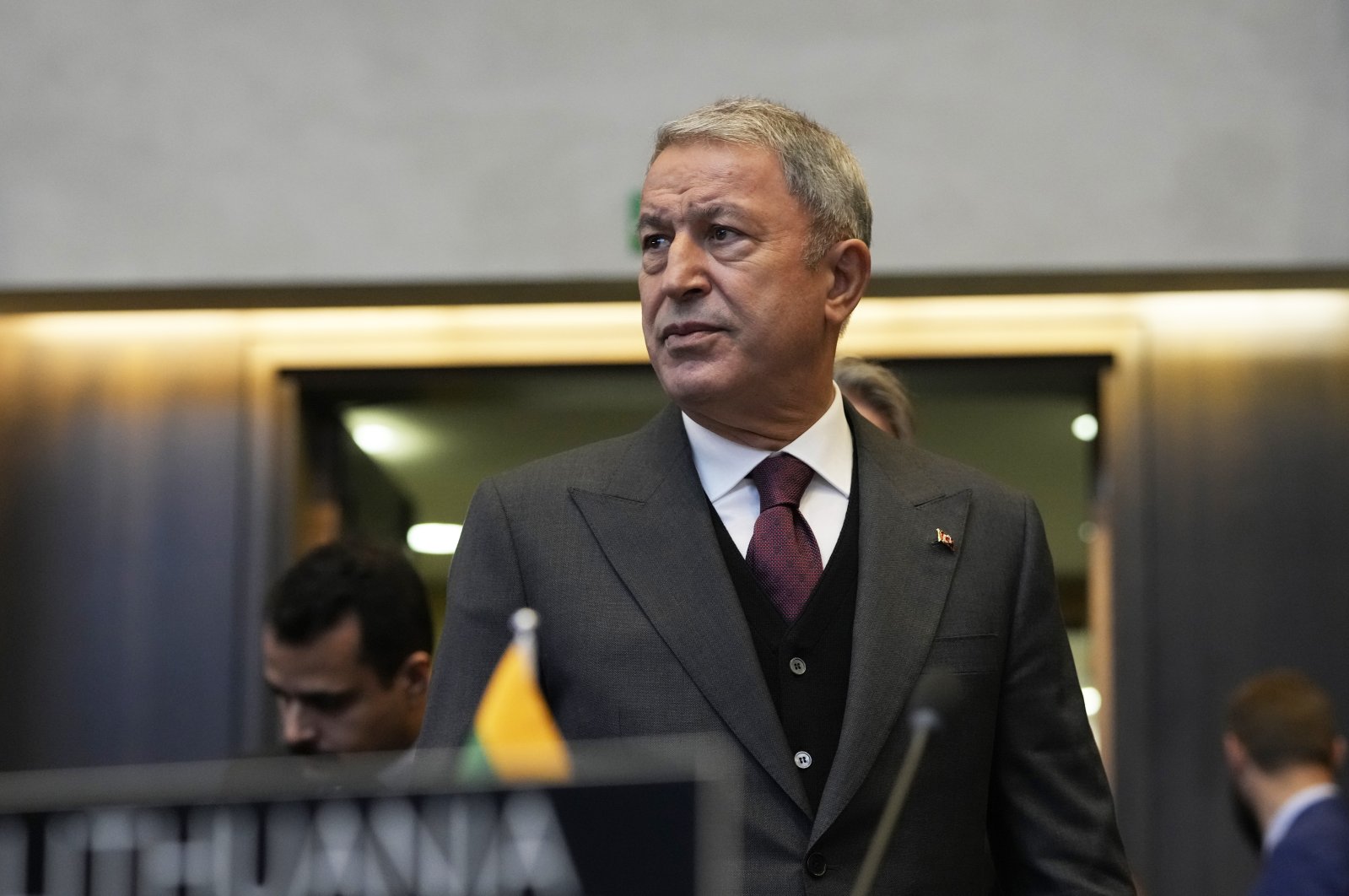 Defense Minister Hulusi Akar arrives for a North Atlantic Council during a NATO defense ministers meeting at NATO headquarters in Brussels, Oct. 22, 2021. (AP File Photo)