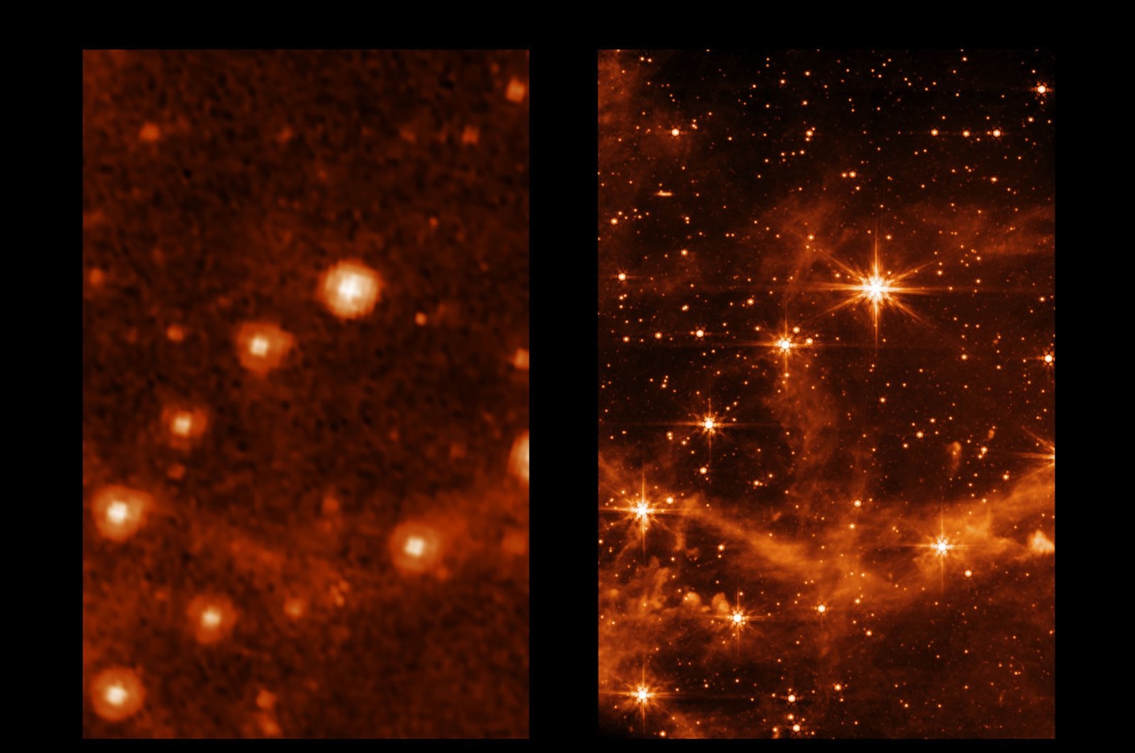 A combination of images shows part of the Large Magellanic Cloud, a small satellite galaxy of the Milky Way, seen by the retired Spitzer Space Telescope (L), and the new James Webb Space Telescope, May 9, 2022. (NASA via AP)
