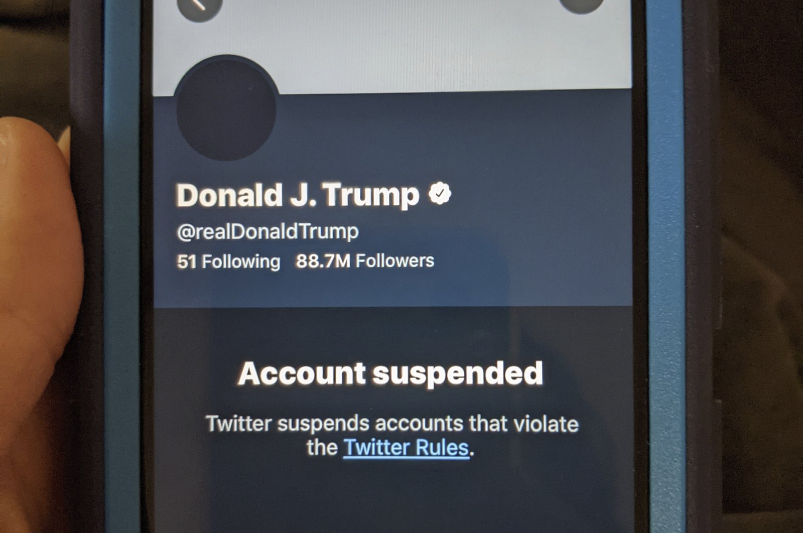 The suspended Twitter account of President Donald Trump is seen on Jan. 8, 2021, after the social media company permanently suspended Trump from its platform, citing the &quot;risk of further incitement of violence.&quot; (AP File Photo)