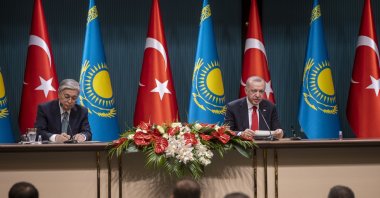 President Recep Tayyip Erdoğan and his Kazakh counterpart Kassym-Jomart Tokayev hold a joint press conference in the capital Ankara, Turkey, May 10, 2022. (AA Photo)