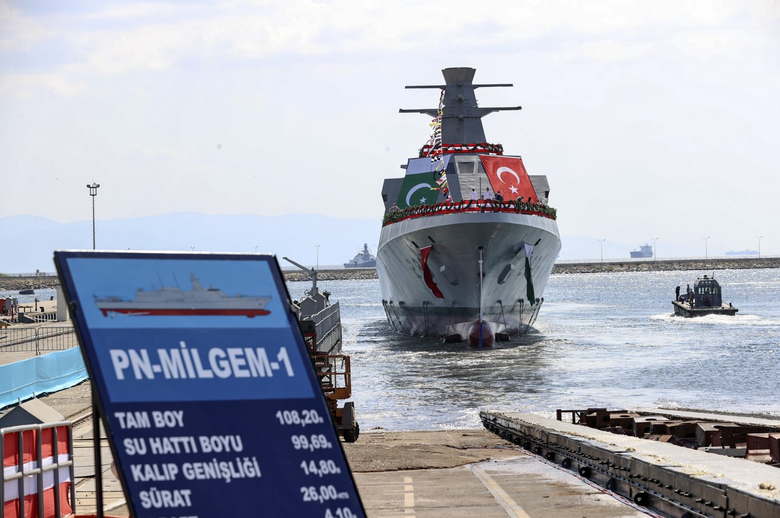 A MILGEM-class corvette built in Turkey for Pakistan&#039;s navy docks in Istanbul, Turkey, Aug. 17, 2021. (AA Photo)