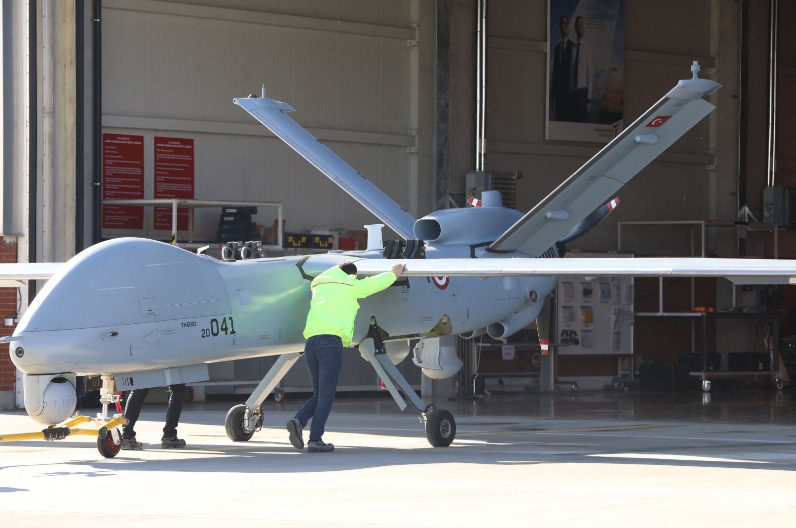 The Anka drone, an unmanned aerial military vehicle developed by Turkish Aerospace Industries (TAI), is seen in Ankara, Turkey, March 5, 2021. (AFP Photo)