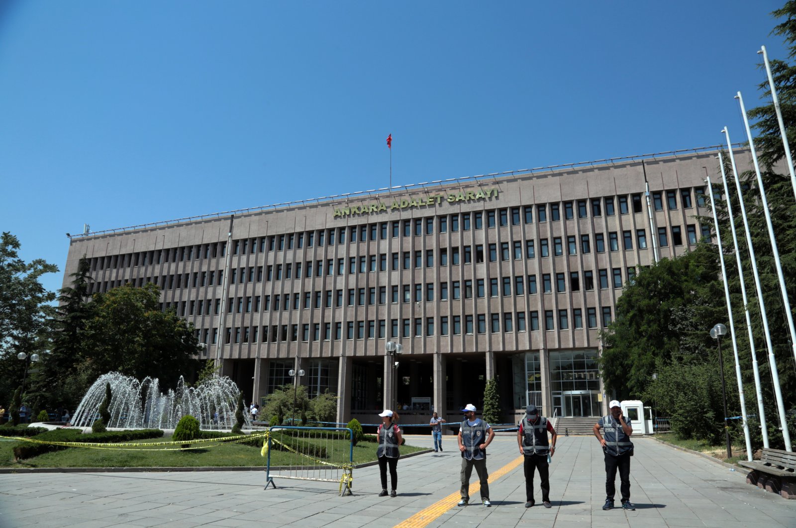 This file photo dated July 18, 2016, shows Turkish security officers standing outside Ankara Courthouse, where the capital&#039;s heavy penal courts are located. (AP Photo)