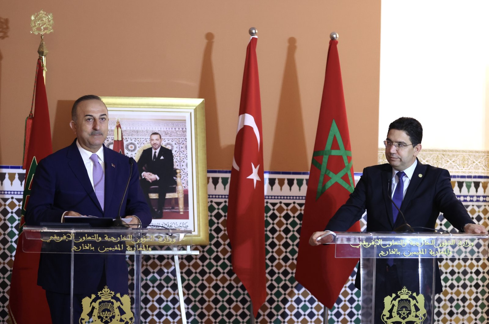 Foreign Minister Mevlüt Çavuşoğlu attends a joint news conference with Moroccan counterpart Nasser Bourita in Marrakech, Morocco, May 11, 2022. (AA Photo0