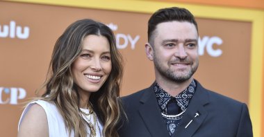 Cast member and executive producer Jessica Biel (L) arrives with her husband, Justin Timberlake, at the premiere of "Candy," Los Angeles, U.S., May 9, 2022. (AP Photo)