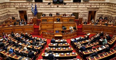Greek Prime Minister Kyriakos Mitsotakis addresses the Hellenic Parliament in Athens, Greece, May 12, 2022. (AFP Photo)