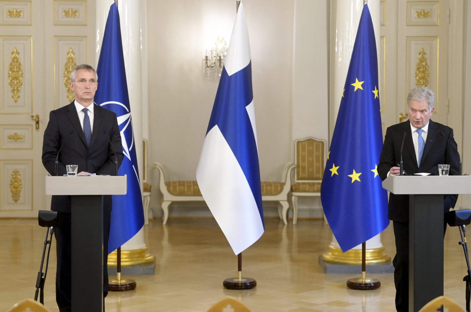 NATO Secretary-General Jens Stoltenberg (L) and Finland&#039;s President Sauli Niinisto address a joint press conference after their meeting during the visit of the North Atlantic Council (NAC) in Helsinki, Finland, Oct. 25, 2021. (AFP Photo)