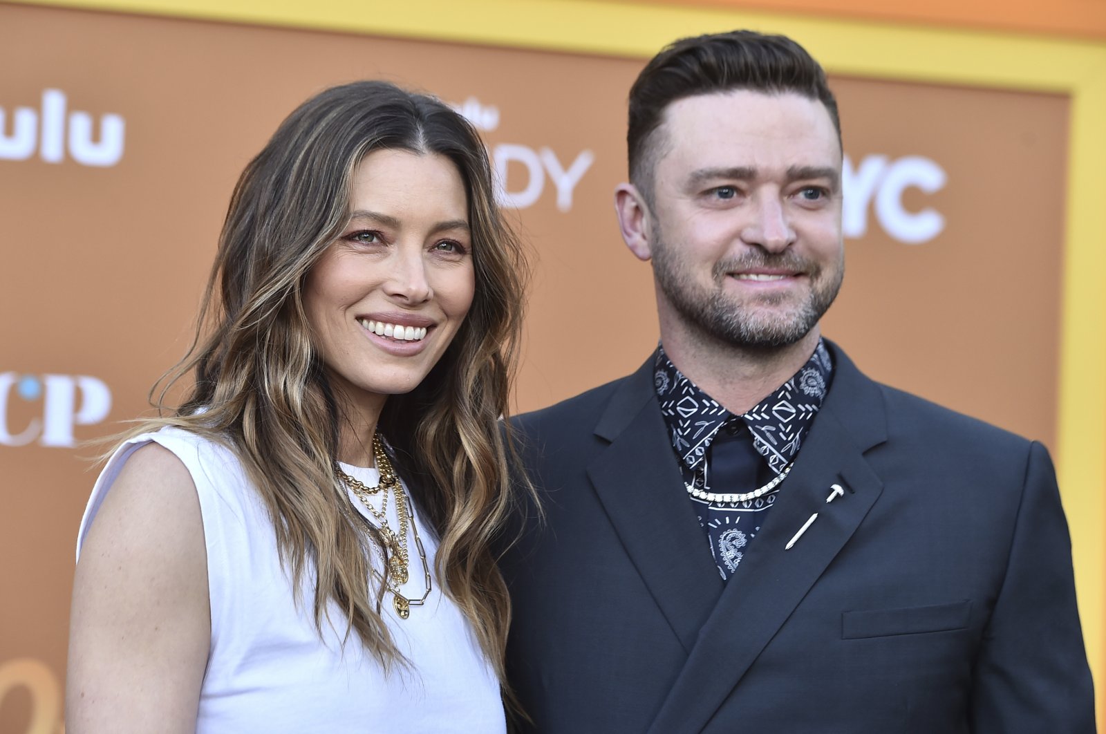 Cast member and executive producer Jessica Biel (L) arrives with her husband, Justin Timberlake, at the premiere of "Candy," Los Angeles, U.S., May 9, 2022. (AP Photo)