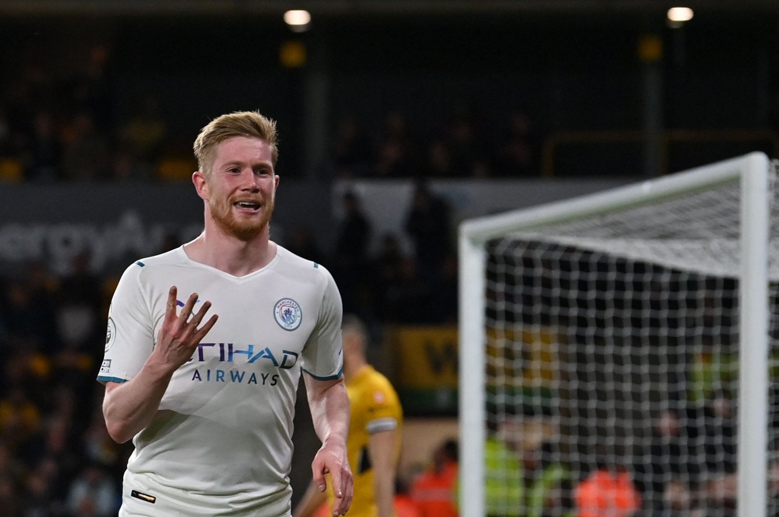 Man City&#039;s Kevin De Bruyne celebrates scoring his fourth in a Premier League match against Wolves, Wolverhampton, England, May 11, 2022. (AFP Photo)