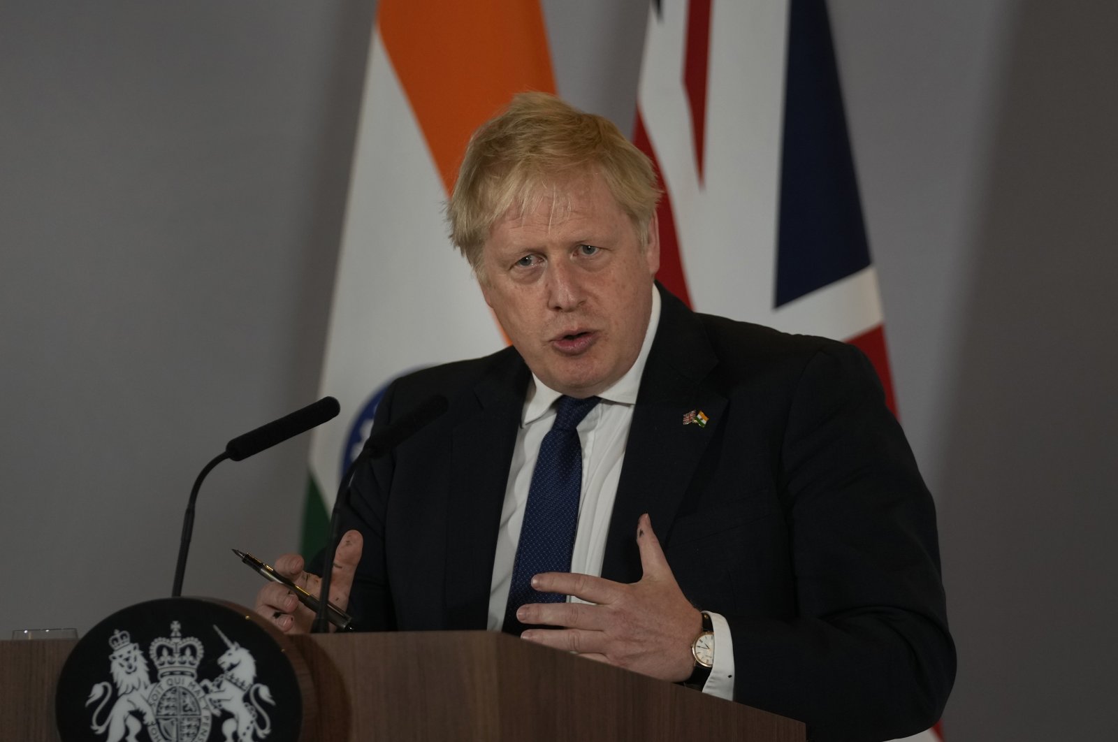 British Prime Minister Boris Johnson addresses a press conference in New Delhi, India, April 22, 2022. (AP Photo)