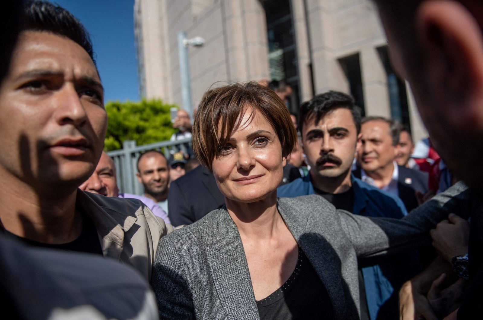 In this file photo taken on September 06, 2019, Republican People&#039;s Party (CHP) Istanbul Provincial Chair Canan Kaftancıoğlu (C) leaves the Çağlayan courthouse in Istanbul. (AFP)