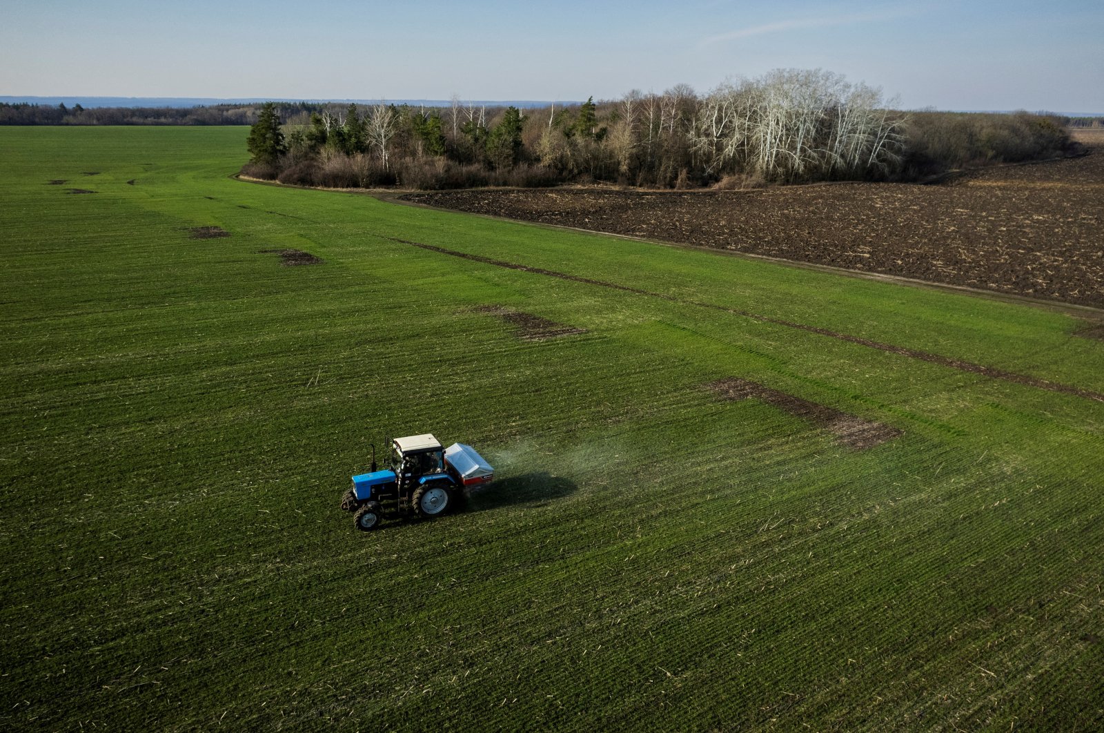 An aerial view shows a tractor spreading fertilizer on a wheat field near the village of Yakovlivka after it was hit by an aerial bombardment, Kharkiv, Ukraine, April 5, 2022. (Reuters Photo)