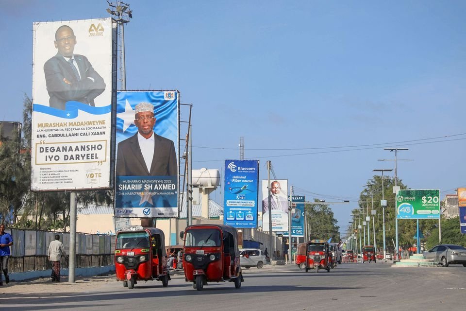 Election banners of Somali presidential candidates are seen along a street in Mogadishu, Somalia, May 12, 2022. (Reuters Photo)