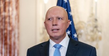 Australian Defense Minister Peter Dutton poses for a group photograph with Australian Foreign Minister Marise Payne, Secretary of State Antony Blinken, and Defense Secretary Lloyd Austin at the State Department in Washington, U.S., Sept. 16, 2021. (AP Photo)