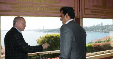 President Recep Tayyip Erdoğan receives the Qatari Emir Sheikh Tamim bin Hamad Al Thani in Istanbul's Vahdettin Pavilion, Turkey, May 13, 2022. (DHA)