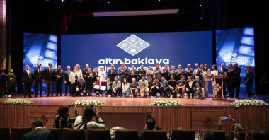 Award recipients and the festival team pose at the award ceremony of the festival, Gaziantep, southeastern Turkey, May 12, 2022.