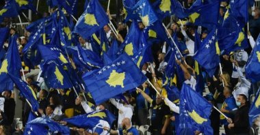 Kosovo fans are seen in the stands during the World Cup UEFA Qualifiers against Spain at Fadil Vokrri Stadium, Pristina, Kosovo, Sept. 8, 2021 (Reuters Photo)
