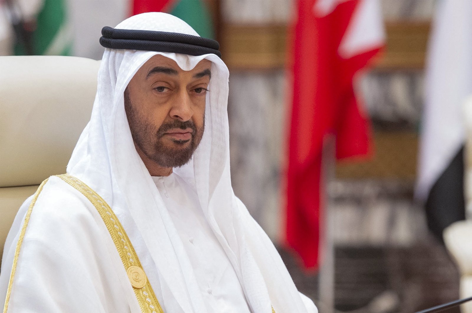 In this file handout photo taken and released by the Saudi Royal Palace on May 31, 2019 shows Abu Dhabi&#039;s Crown Prince Sheikh Mohammed bin Zayed Al Nahyan attending the Gulf Cooperation Council (GCC) held at al-Safa Royal Palace in the Saudi holy city of Mecca. (Photo by Bandar al-Jaloud / Saudi Royal Palace / AFP)