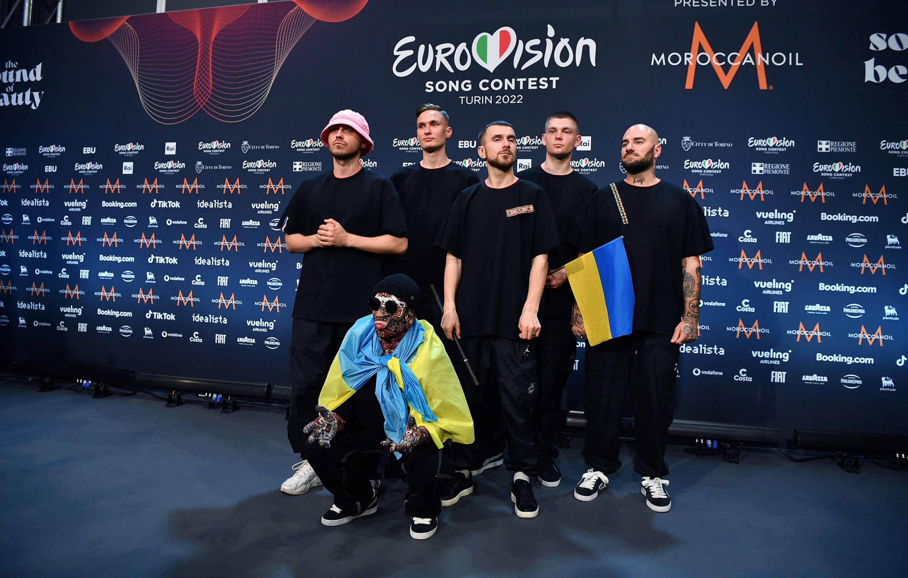 Members of the Ukrainian band Kalush Orchestra attend a press conference following their victory in the 66th annual Eurovision Song Contest (ESC) in Turin, Italy, May 15, 2022. (EPA)