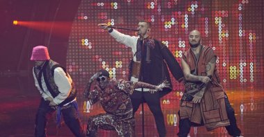 Kalush Orchestra from Ukraine singing Stefania perform during the Grand Final of the Eurovision Song Contest at Palaolimpico arena, in Turin, Italy, May 14, 2022. (AP)