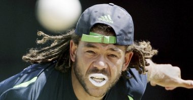 Australia&#039;s Andrew Symonds bowls in the nets during a training session, St. George&#039;s, Grenada, April 15, 2007. (AP Photo)