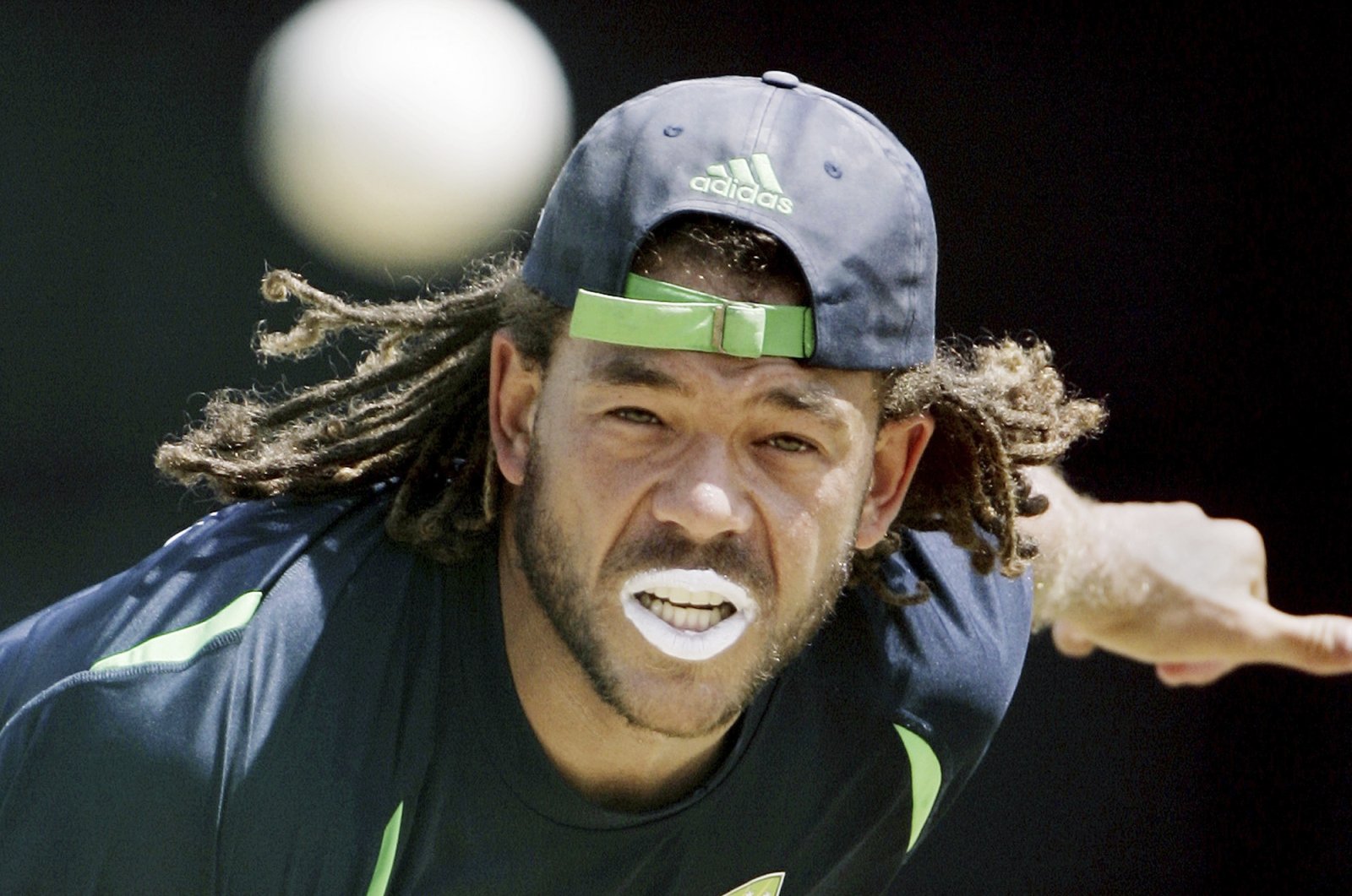 Australia&#039;s Andrew Symonds bowls in the nets during a training session, St. George&#039;s, Grenada, April 15, 2007. (AP Photo)