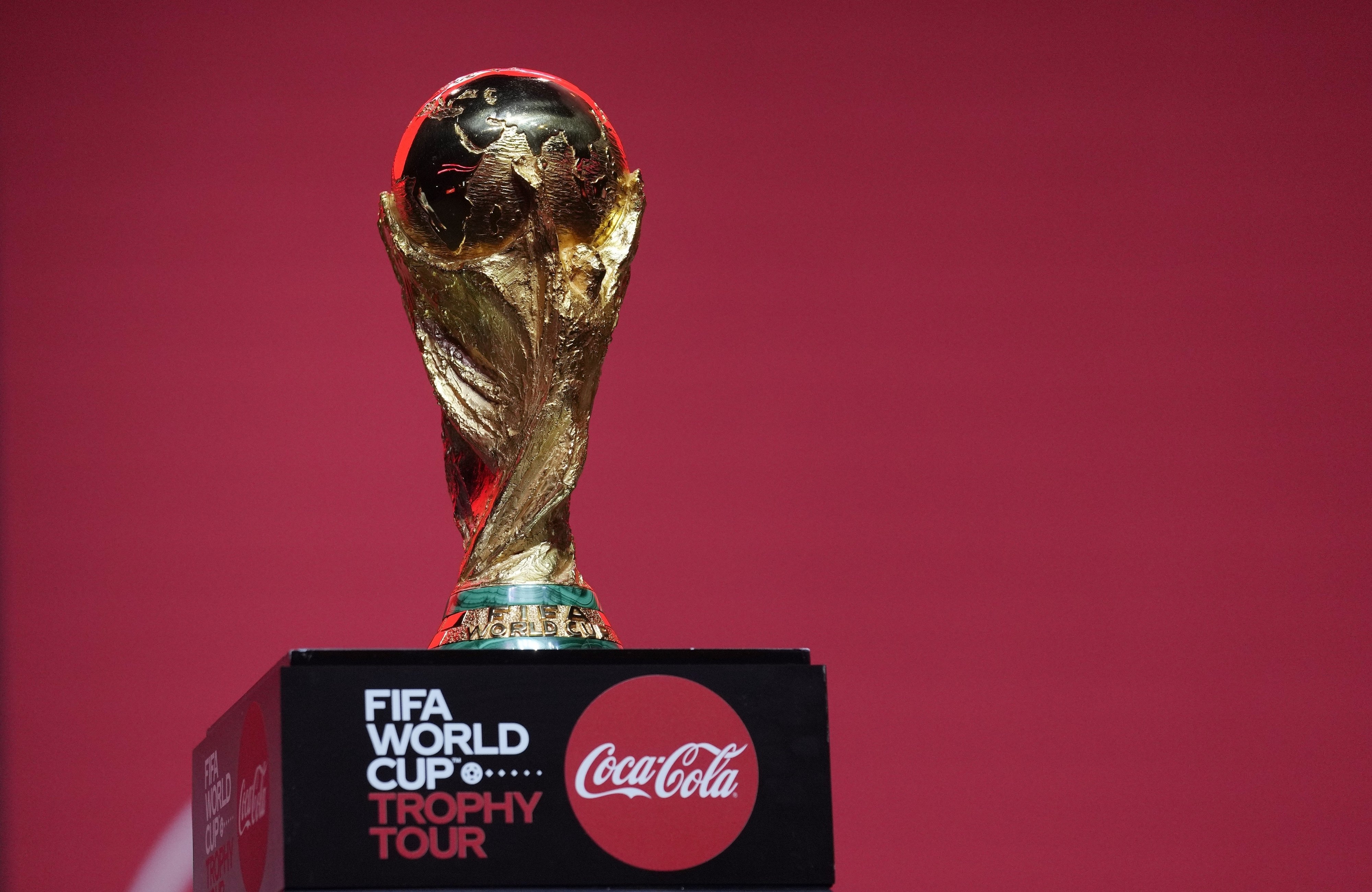 The Qatar FIFA World Cup trophy is on display in Dubai, UAE, May 12, 2022. (AP Photo)