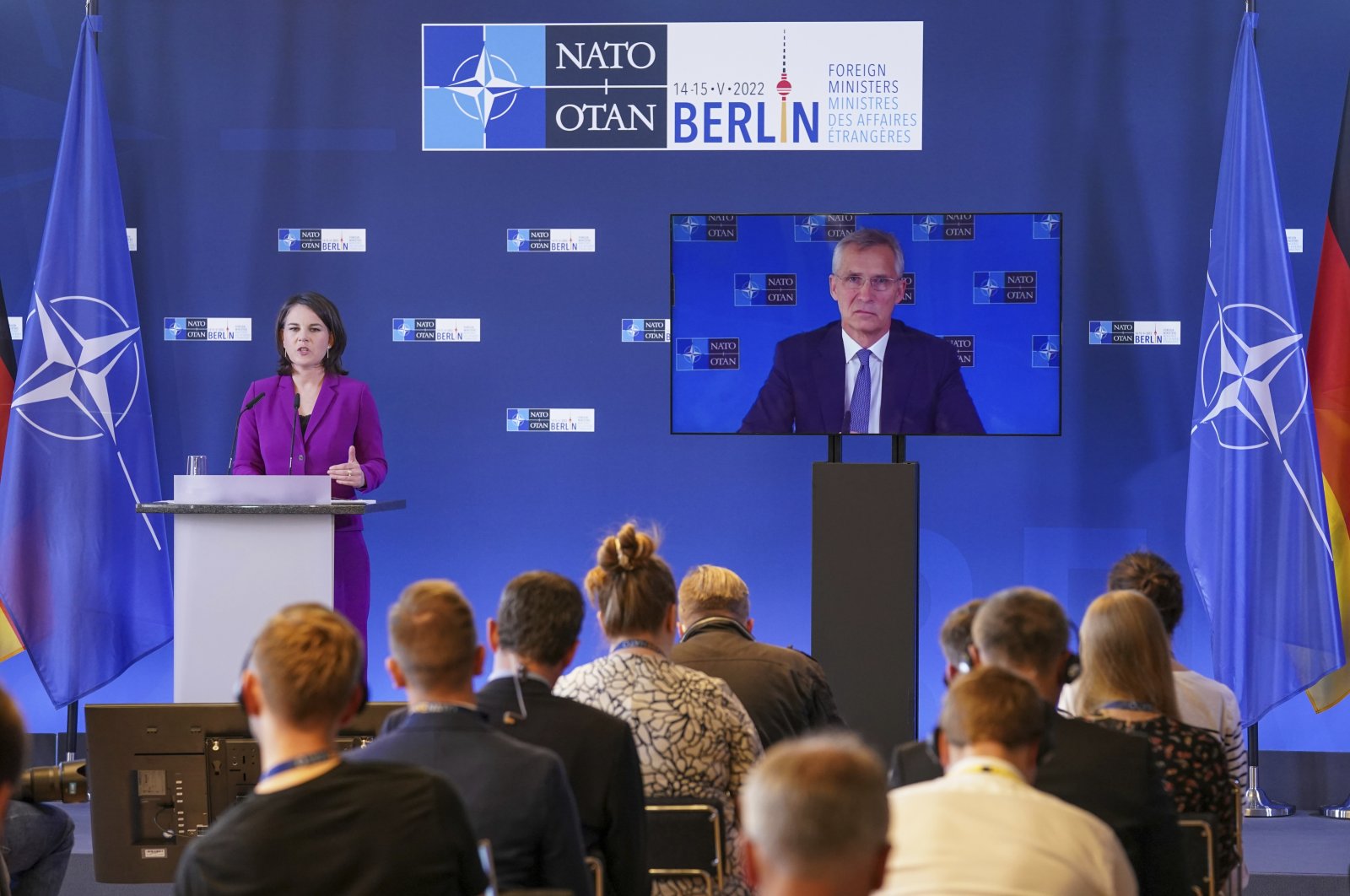 German Foreign Minister Annalena Baerbock speaks during a news conference with NATO Secretary-General Jens Stoltenberg, participating virtually, at a NATO meeting in Berlin, Germany, May 15, 2022. (AP Photo)