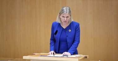Swedish Prime Minister Magdalena Andersson speaks during the parliamentary debate on the Swedish application for NATO membership, Stockholm, Sweden, May 16, 2022. (AP Photo)