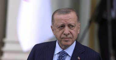 President Recep Tayyip Erdoğan arrives for a welcoming ceremony for his Algerian counterpart, Abdelmadjid Tebboune, in Ankara, Turkey, May 16, 2022. (AP Photo)