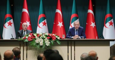 President Recep Tayyip Erdoğan (R) speaks during a news conference with his Algerian counterpart Abdelmadjid Tebboune in the capital Ankara, Turkey, May 16, 2022. (IHA Photo)