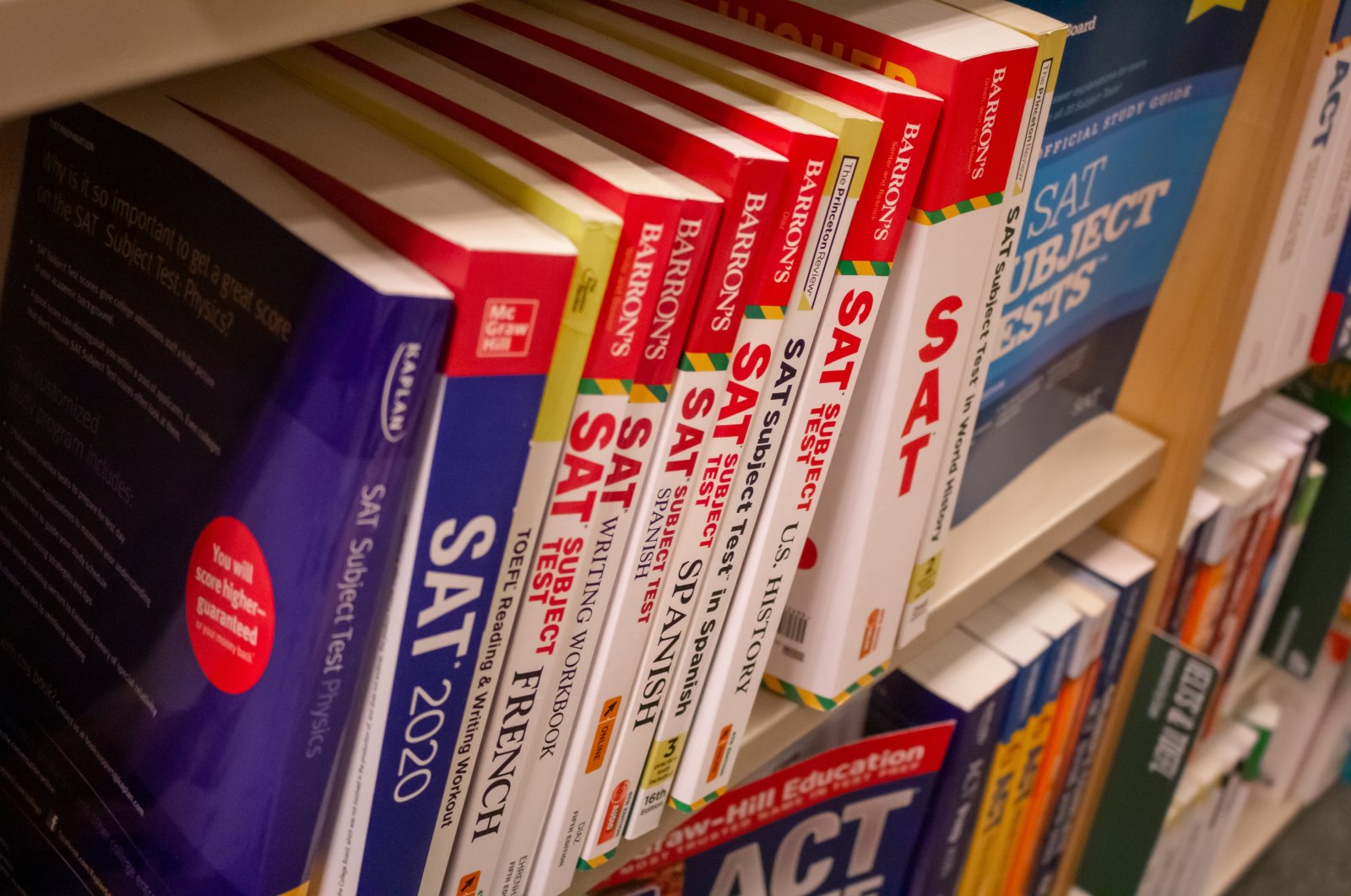 Several SAT prep books are seen on a shelf at a local bookstore in Laguna Niguel, California, U.S., Sept. 19, 2019. (Shutterstock Photo)